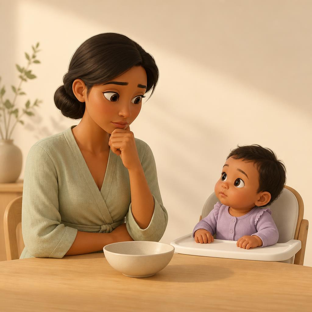 Mãe pensativa à mesa, ao lado do bebê na hora da refeição